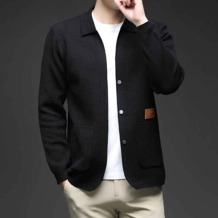 Men’s black knit cardigan jacket – button-up lightweight sweater for men with sleek design, perfect for urban casual and office wear.