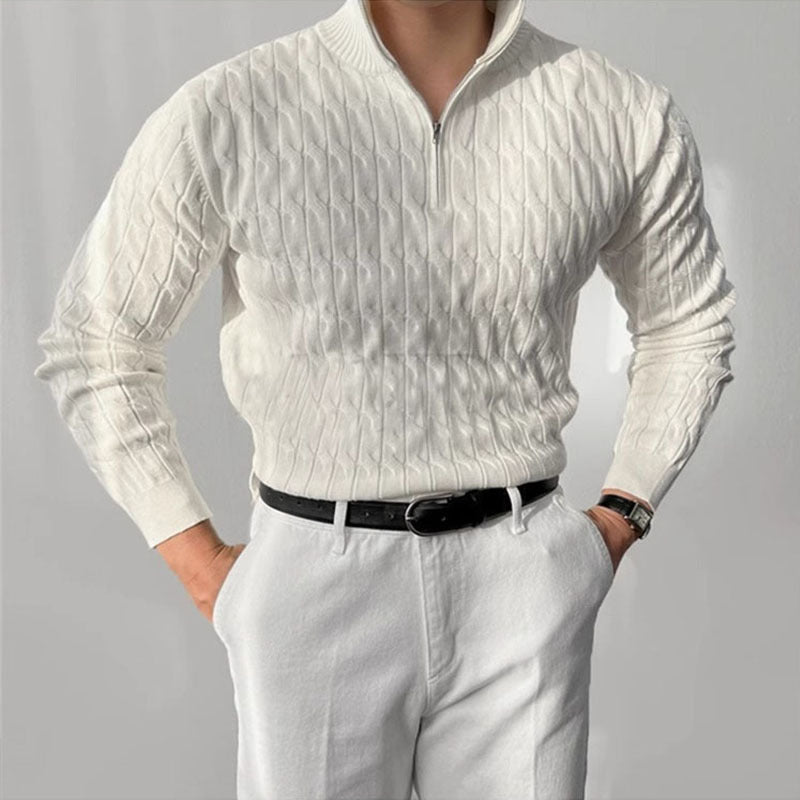 White slim fit men’s textured sweater with zip neck – soft knit winter top with modern tailored design