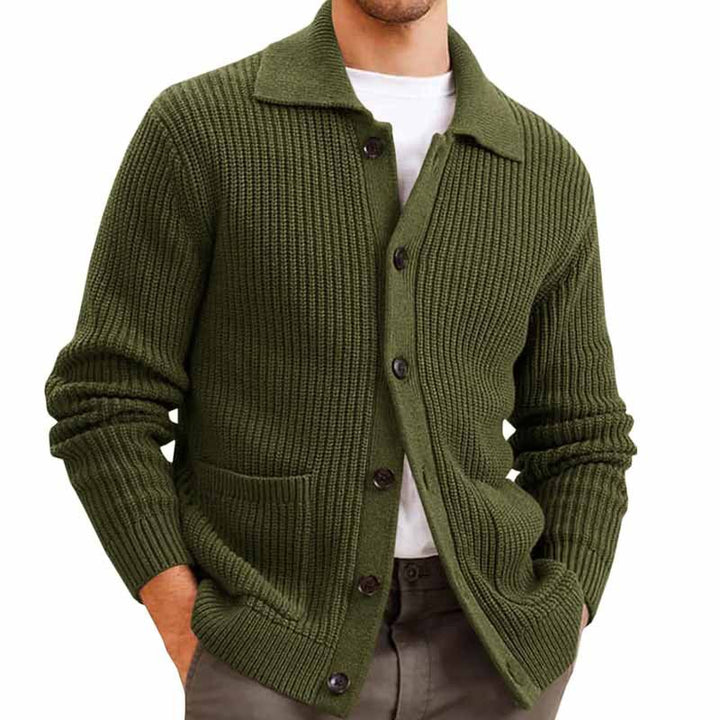 Olive green men’s knit cardigan with front buttons – soft, stylish layering essential for fall