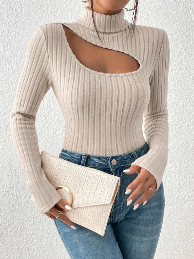 Women’s beige cut-out ribbed knit top with mock neck – trendy long sleeve fitted sweater for chic fall fashion.