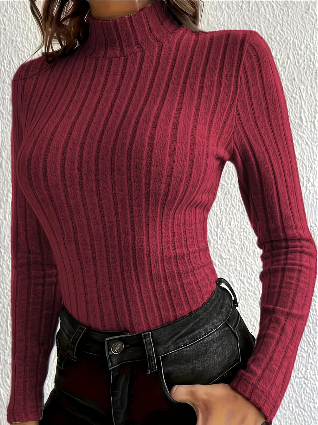 Women’s ribbed mock neck slim fit long sleeve top – stylish and cozy fitted pullover in red – ideal for layering and fall fashion