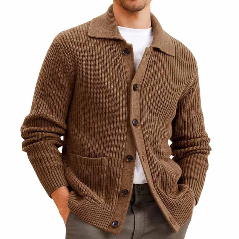 Brown textured men’s cardigan with buttons – versatile knit sweater jacket for cooler weather