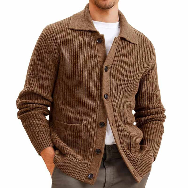Brown textured men’s cardigan with buttons – versatile knit sweater jacket for cooler weather