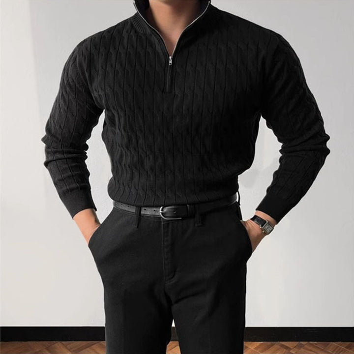 Black slim fit zip knit sweater for men – elegant long sleeve pullover with textured surface and stretch fit