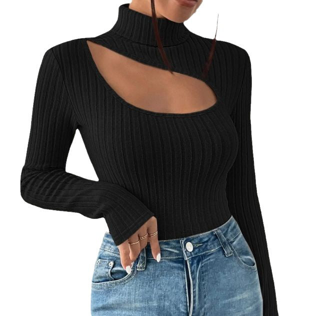 Women’s black cut-out ribbed sweater with turtleneck – sleek and modern long sleeve knit top for going out.