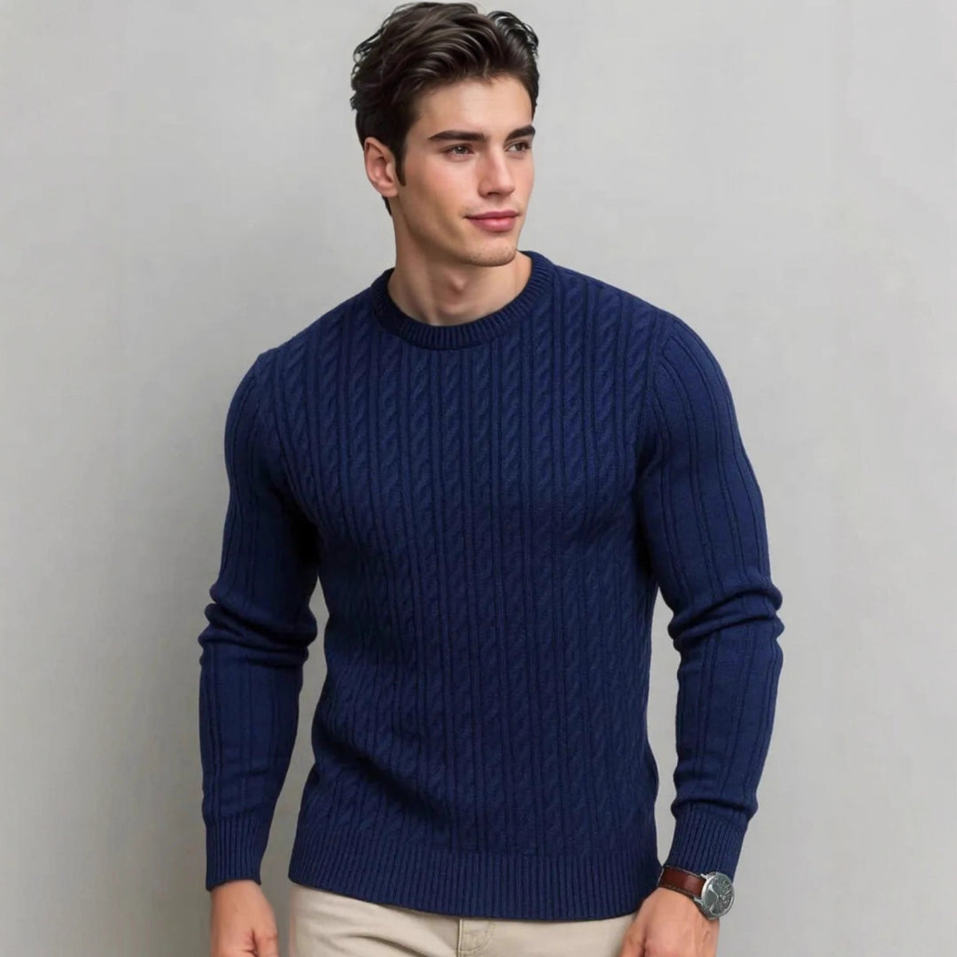 Men's navy blue cable-knit sweater  – classic fall-winter men's pullover for casual and smart looks