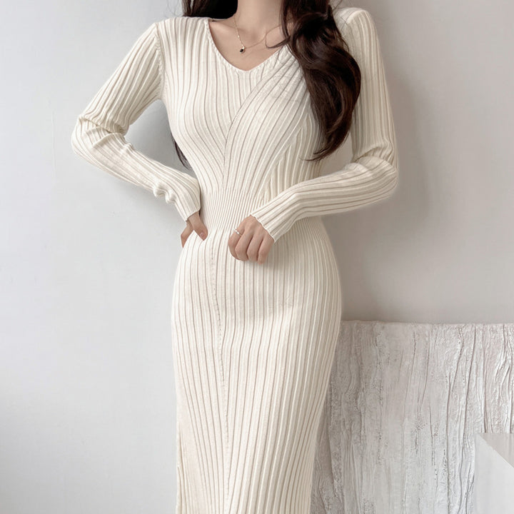 Women's ribbed knit bodycon sweater dress with long sleeves – elegant stretch fit winter dress off white for casual or formal wear