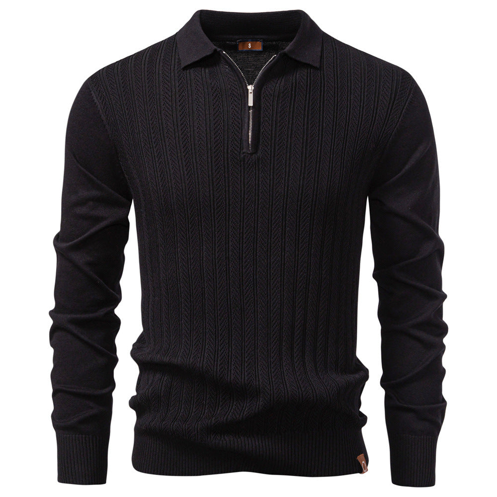 Black zip polo collar knit sweater for men – soft textured winter pullover with ribbed cuffs and classic fit