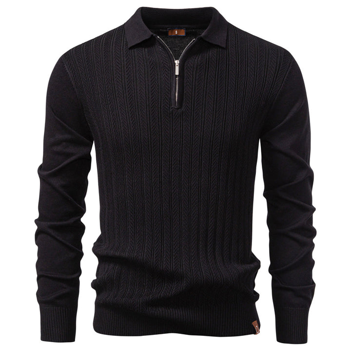 Black zip polo collar knit sweater for men – soft textured winter pullover with ribbed cuffs and classic fit