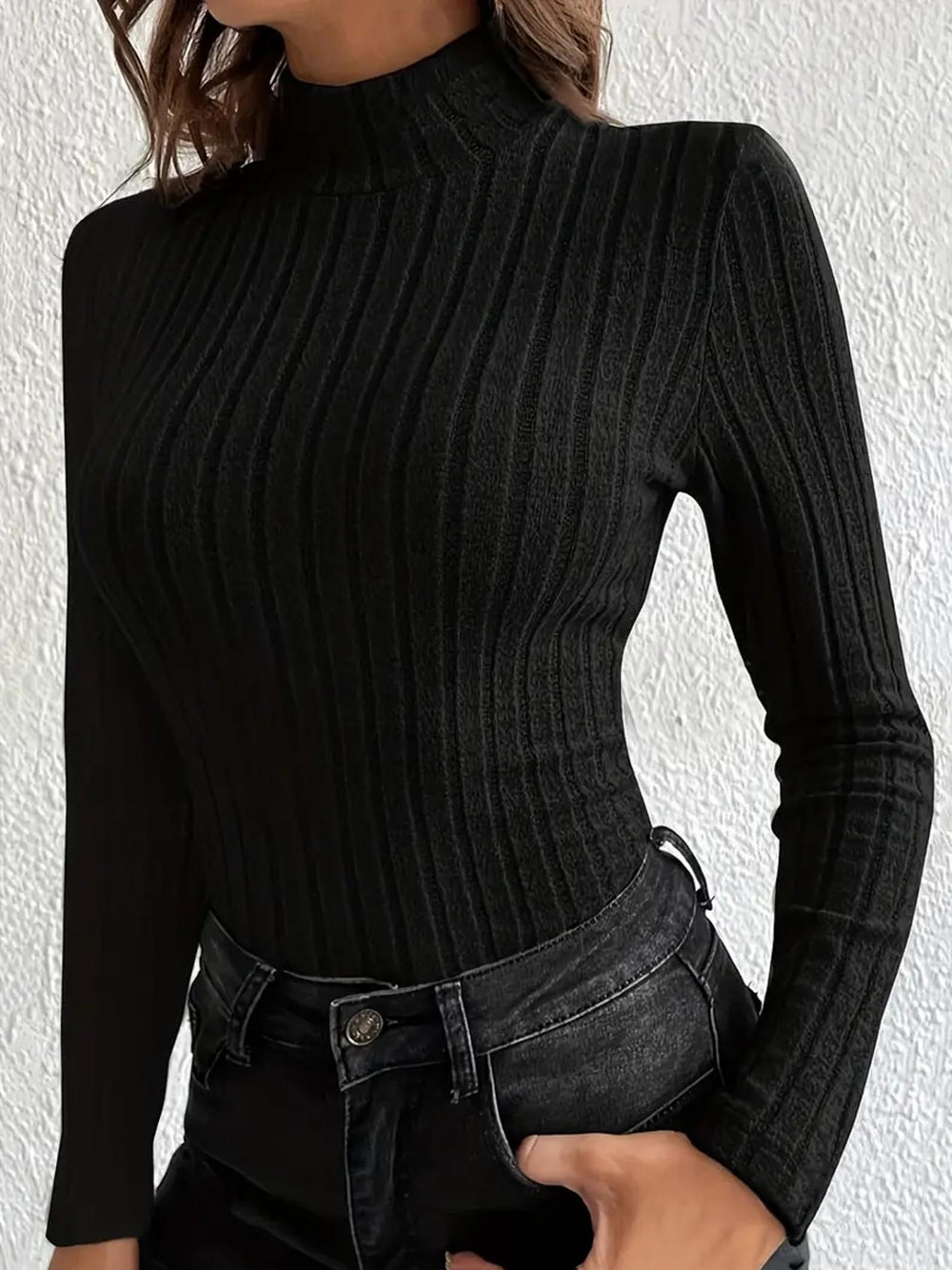 Women’s ribbed mock neck slim fit long sleeve top – stylish and cozy fitted pullover in black – ideal for layering and fall fashion
