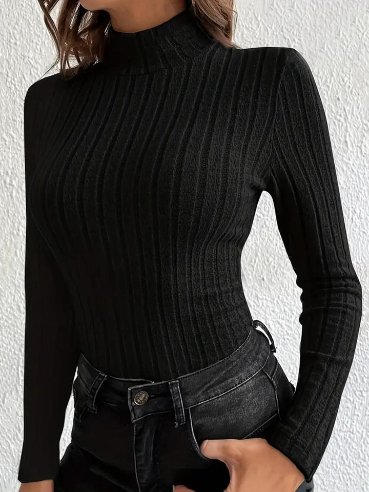 Women’s ribbed mock neck slim fit long sleeve top – stylish and cozy fitted pullover in black – ideal for layering and fall fashion