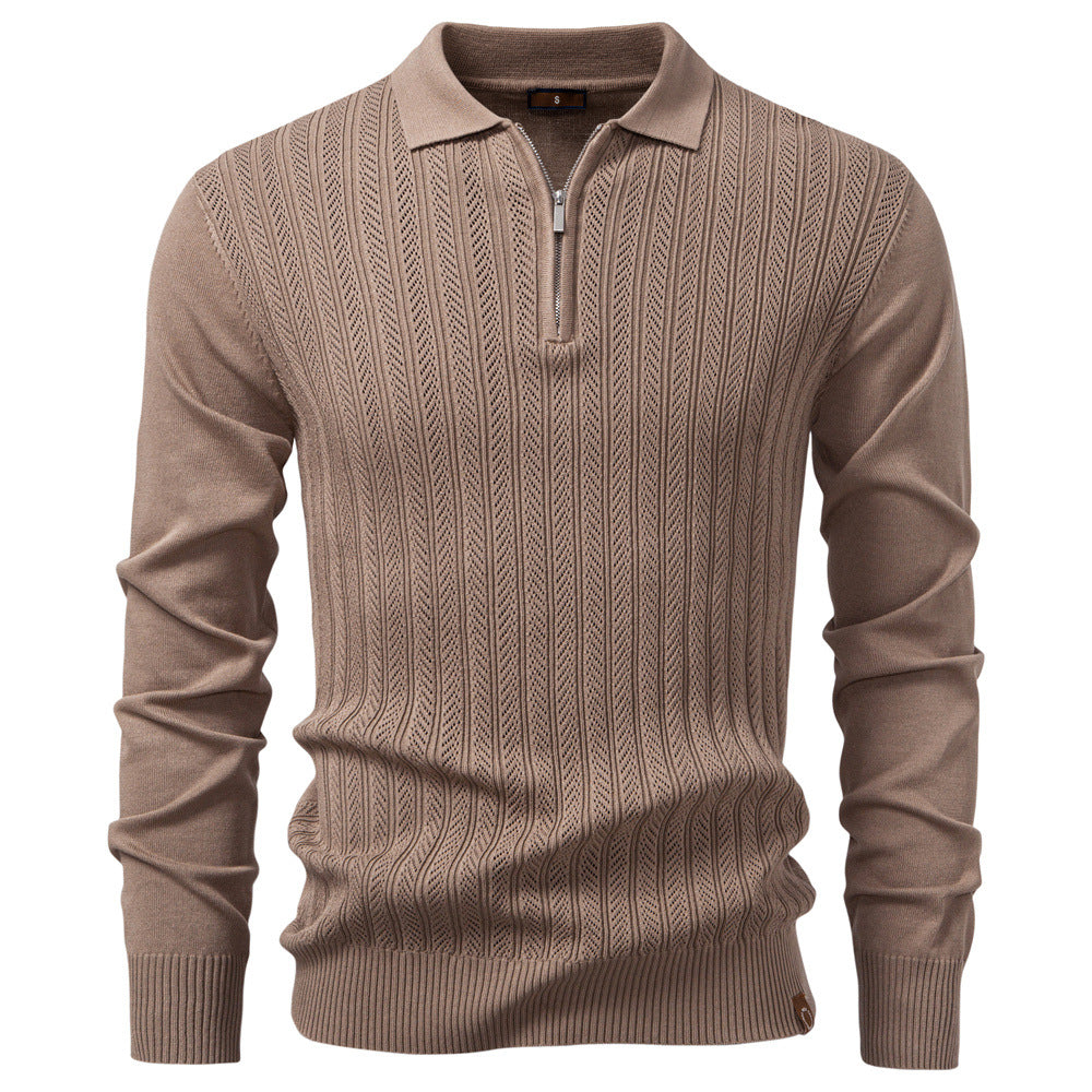 Beige ribbed polo zip sweater for men – long sleeve textured knit top for casual and smart looks