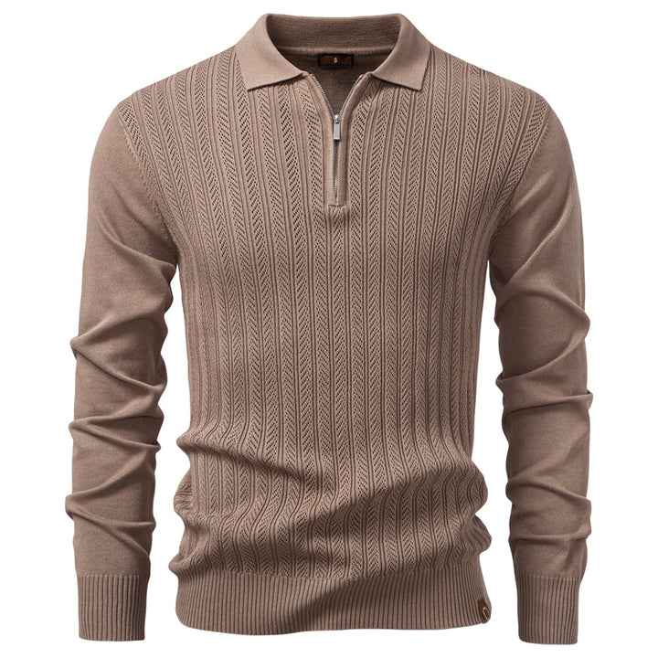 Beige ribbed polo zip sweater for men – long sleeve textured knit top for casual and smart looks