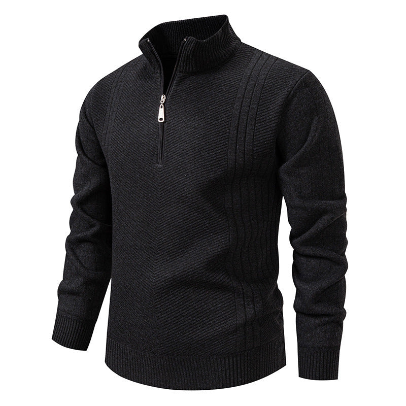 Men's black quarter-zip ribbed knit sweater – versatile fall-winter pullover with stand collar