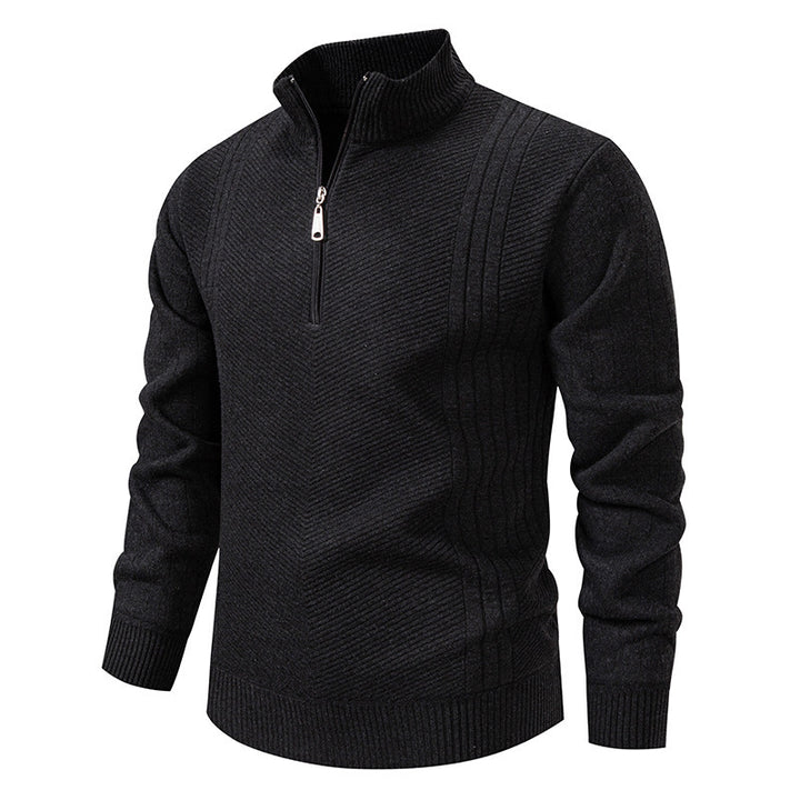 Men's black quarter-zip ribbed knit sweater – versatile fall-winter pullover with stand collar