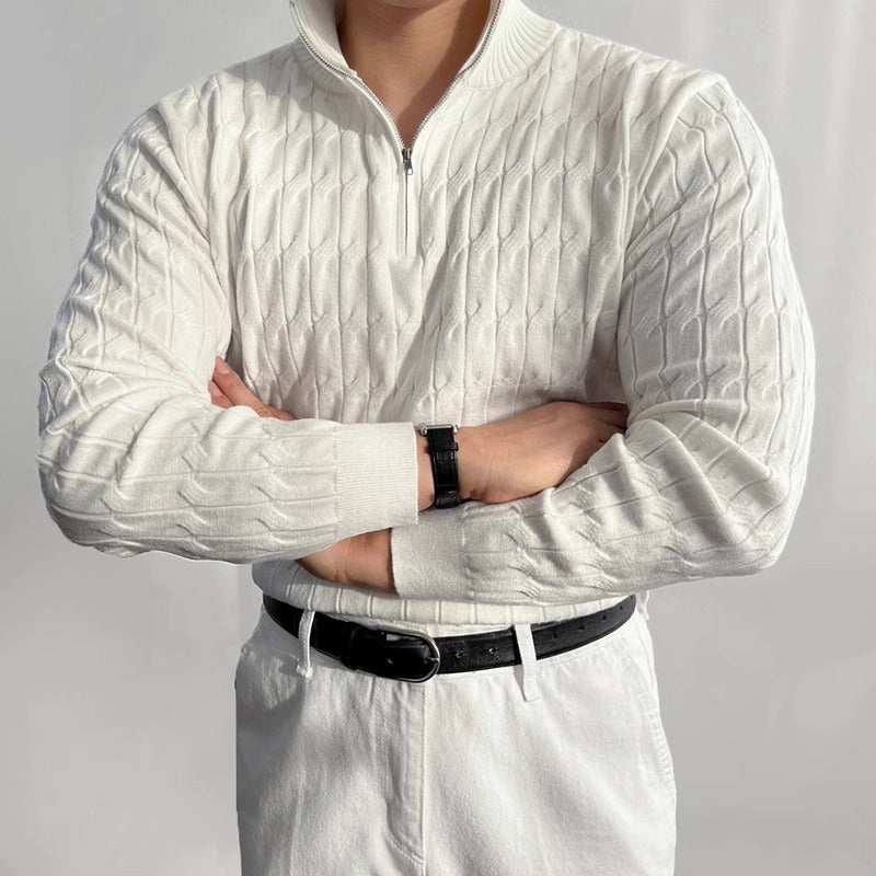 White slim fit men’s textured sweater with zip neck – soft knit winter top with modern tailored design