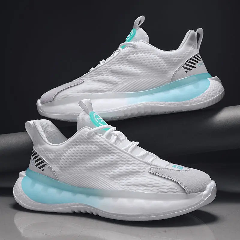 A pair of SleekMotion Running Sneakers with white color scheme, showcasing the mesh upper and cushioning sole.