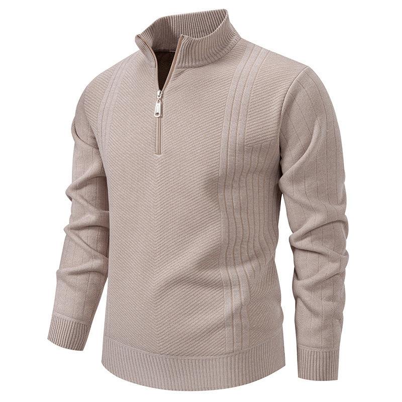 Men's beige quarter-zip ribbed knit sweater – versatile fall-winter pullover with stand collar