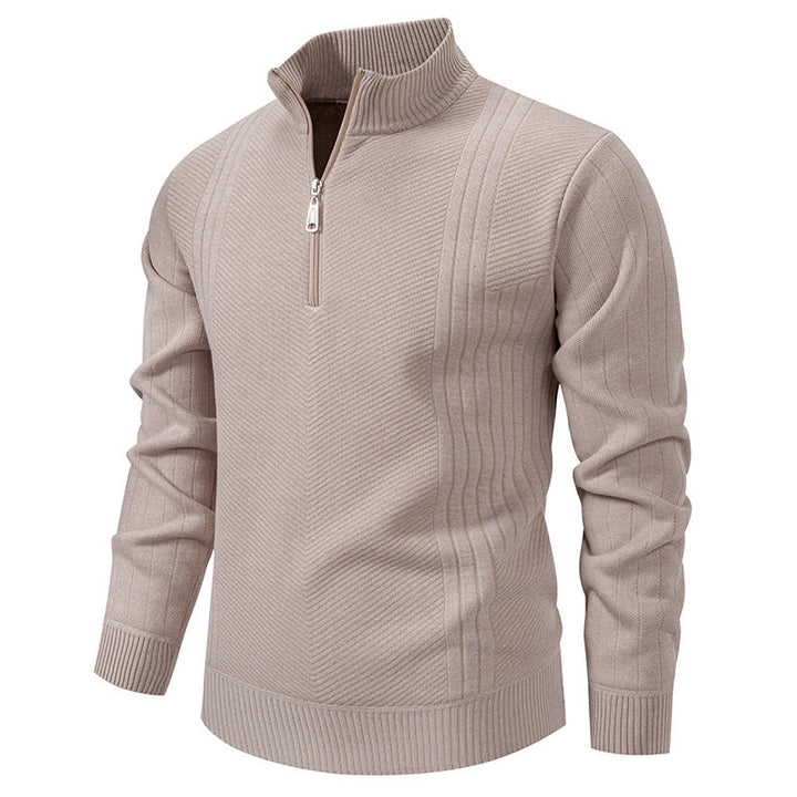 Men's beige quarter-zip ribbed knit sweater – versatile fall-winter pullover with stand collar