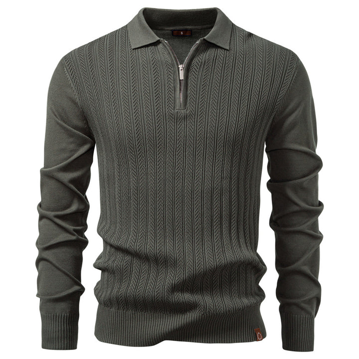 Army green knit polo sweater for men with zipper collar – stylish and cozy fall/winter layering essential