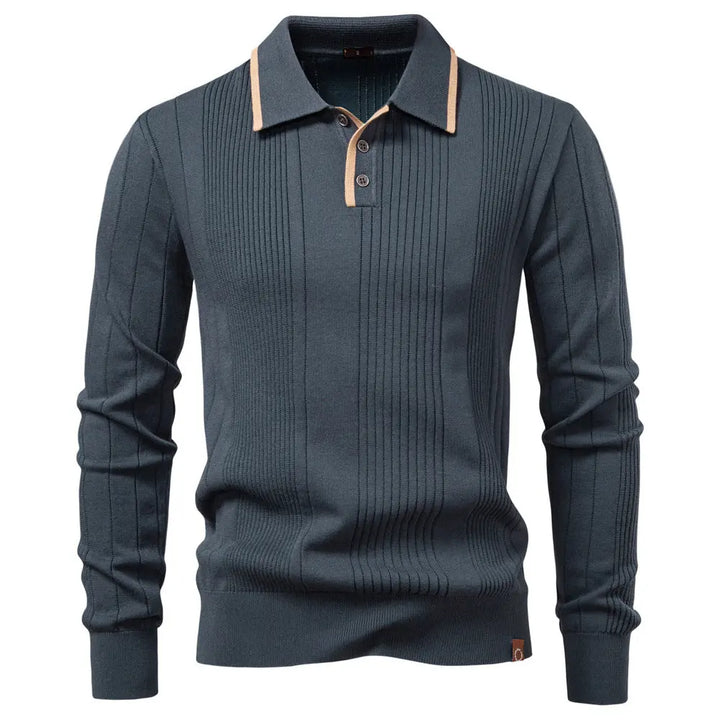 Men’s ribbed knit polo sweater with contrast collar trim – long sleeve pullover in grey perfect for smart casual fall looks