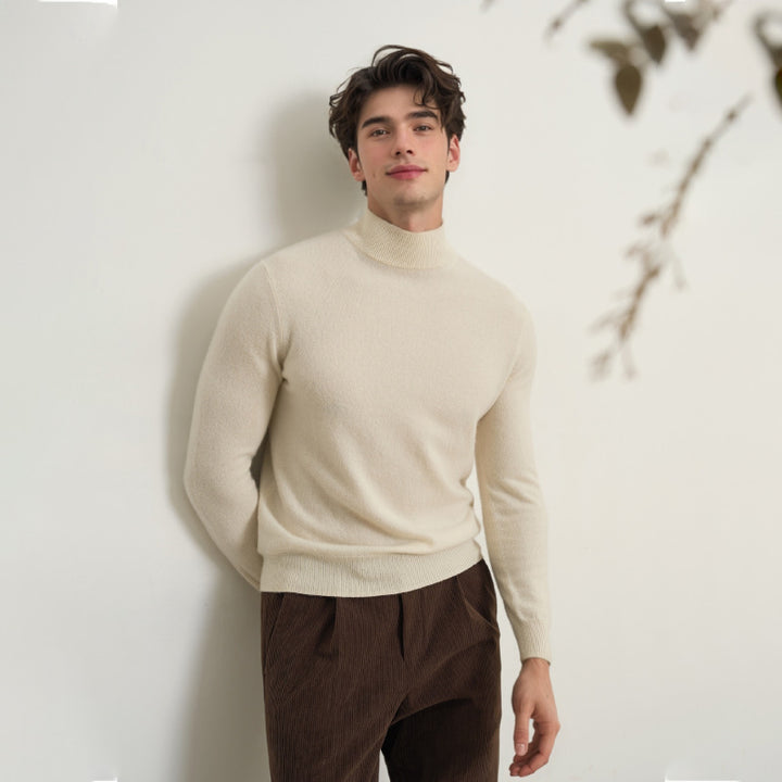 Ivory turtleneck knit sweater for men – neutral modern pullover for smart layering in cold seasons