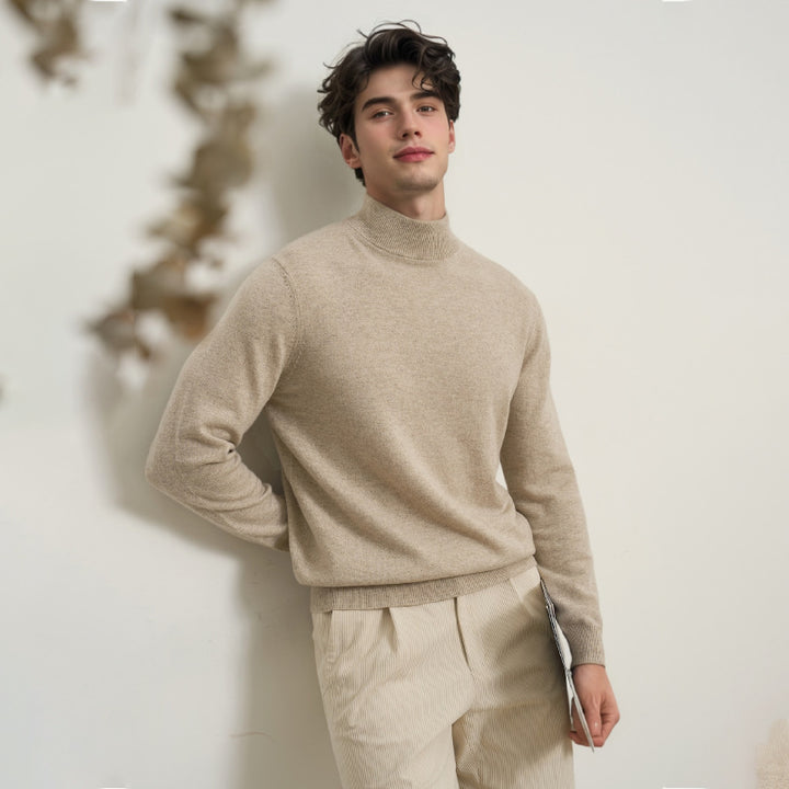 Beige turtleneck sweater for men – ultra-soft mock neck cashmere-style winter pullover