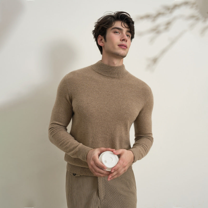 Brown mock neck knit sweater for men – warm minimalist pullover for fall and winter layers