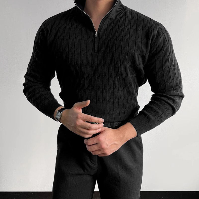 Black slim fit zip knit sweater for men – elegant long sleeve pullover with textured surface and stretch fit