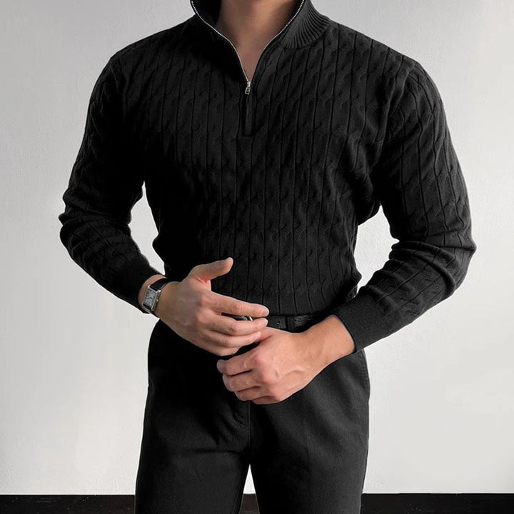 Black slim fit zip knit sweater for men – elegant long sleeve pullover with textured surface and stretch fit