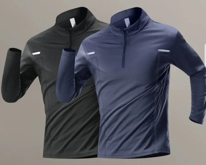Two long-sleeved sports shirts in black and blue colors, with one featuring a half zipper