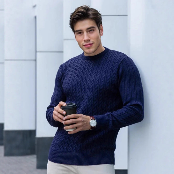 Men's navy blue cable-knit sweater  – classic fall-winter men's pullover for casual and smart looks