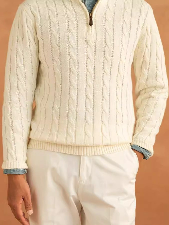 Varenzo Luxe Cable-Knit Half-Zip Sweater