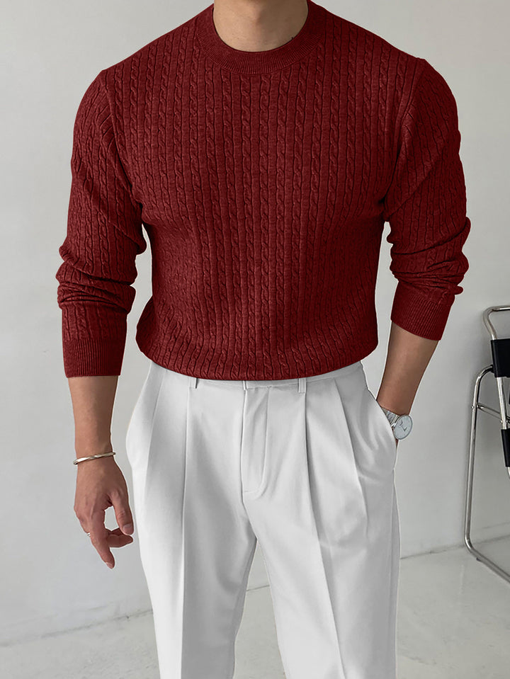 Men's textured crew neck knit sweater in red – lightweight and breathable fall pullover. Modern slim-fit sweater