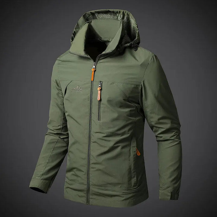 Men’s windbreaker jacket in olive with front zip, zipper pockets and hood
