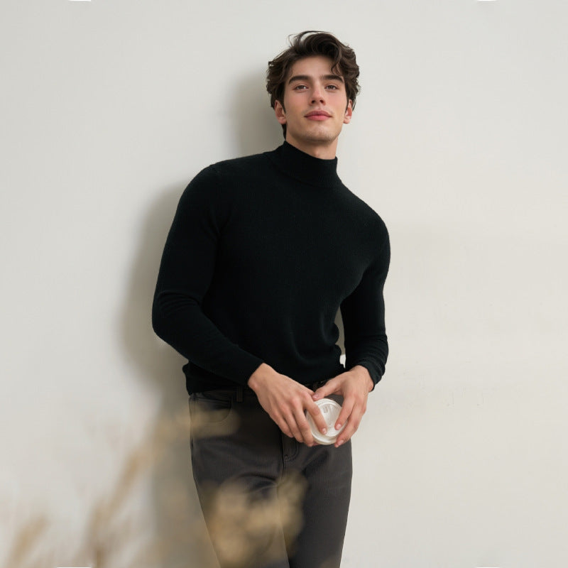Black men’s high neck sweater – lightweight stretch knit turtleneck for elevated casual outfits