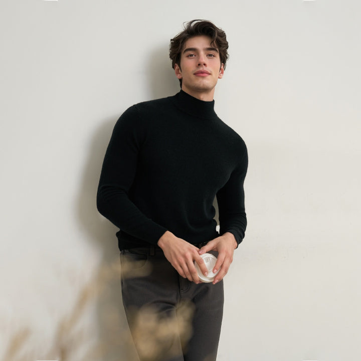 Black men’s high neck sweater – lightweight stretch knit turtleneck for elevated casual outfits