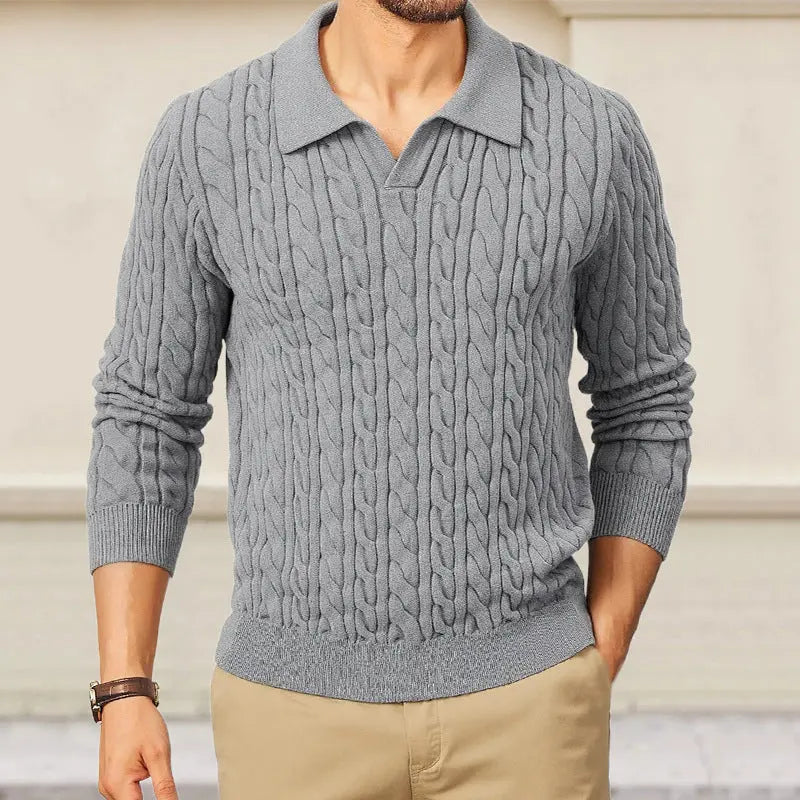 Men’s cable knit polo collar sweater – soft long sleeve pullover in neutral grey blending preppy style with cozy comfort for cooler seasons