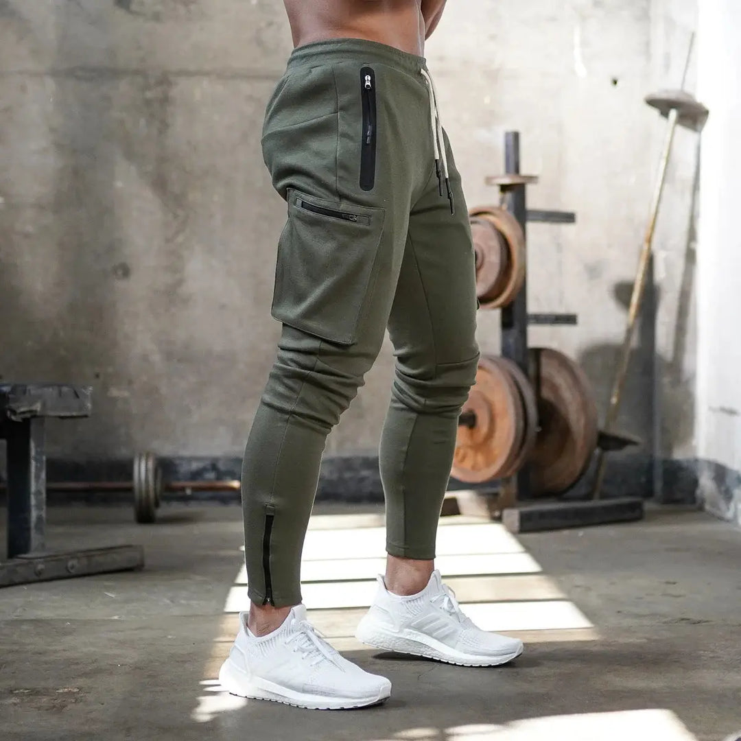 Olive green camo workout joggers for men – tapered fit athletic pants