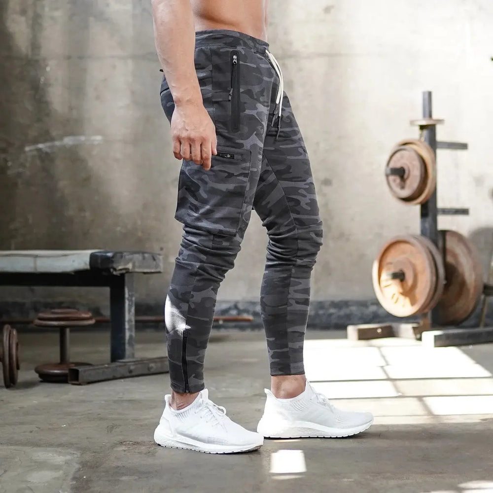 Men’s black camo slim fit joggers with drawstring waist – perfect for gym or casual wear