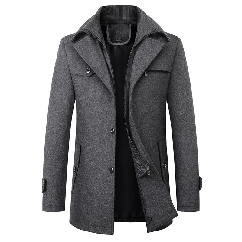 Men’s gray wool blend trench coat with lapel collar and removable scarf – long winter overcoat for smart casual or formal wear
