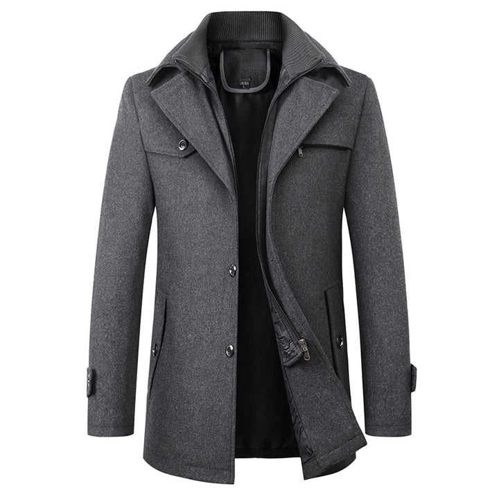 Men’s gray wool blend trench coat with lapel collar and removable scarf – long winter overcoat for smart casual or formal wear