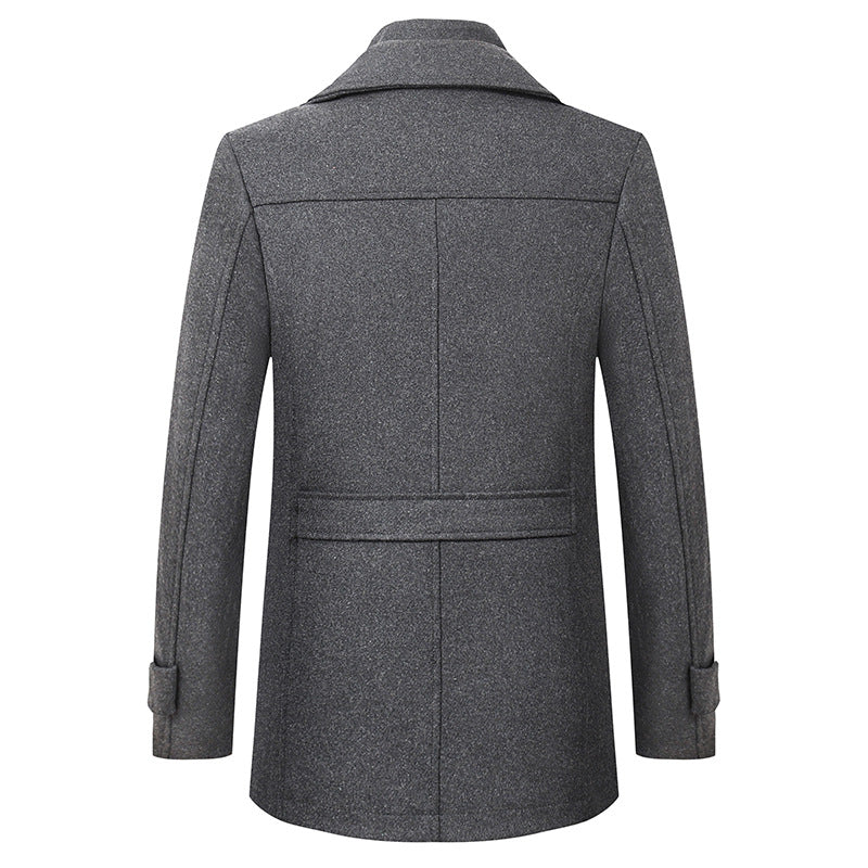 Men’s gray wool blend trench coat with lapel collar and removable scarf – long winter overcoat for smart casual or formal wear