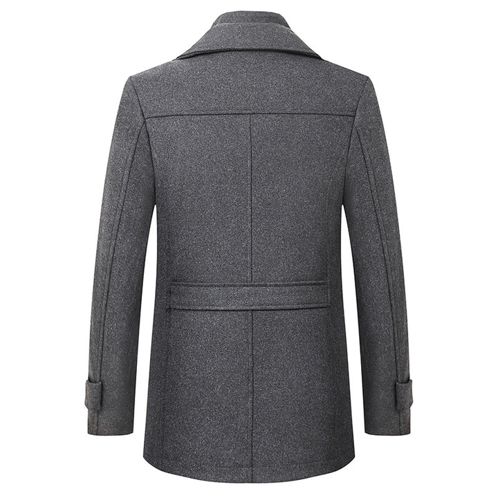 Men’s gray wool blend trench coat with lapel collar and removable scarf – long winter overcoat for smart casual or formal wear
