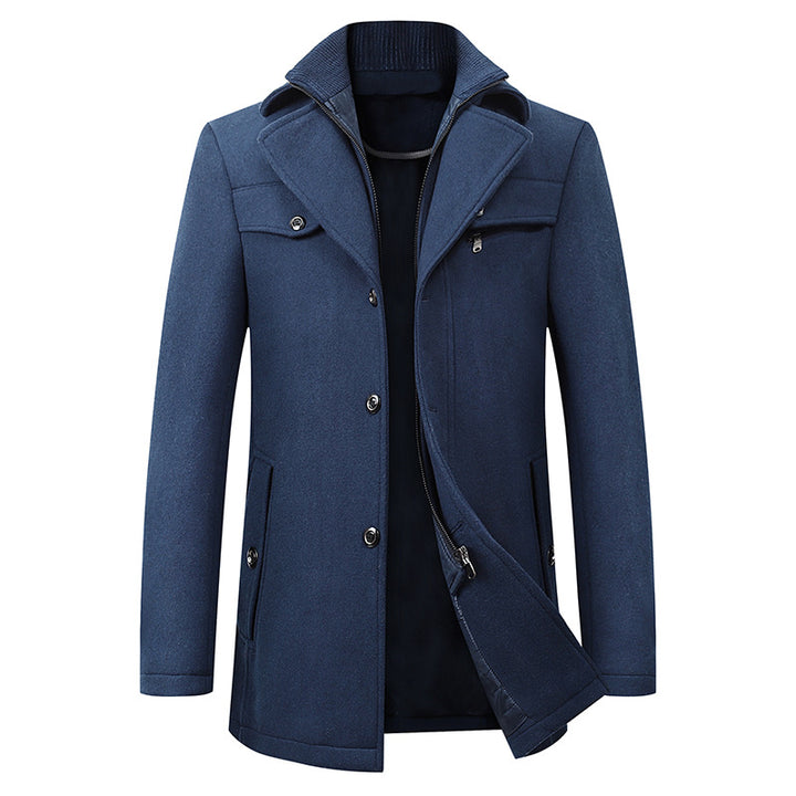 Men’s blue wool blend trench coat with lapel collar and removable scarf – long winter overcoat for smart casual or formal wear