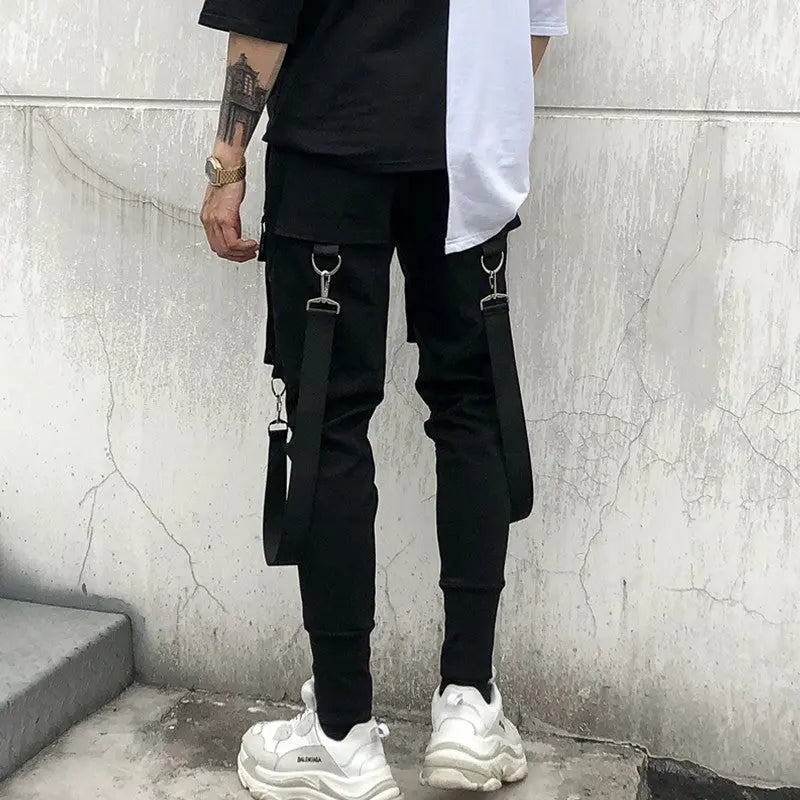 Men’s black streetwear cargo joggers with zipper pockets and straps – urban utility pants