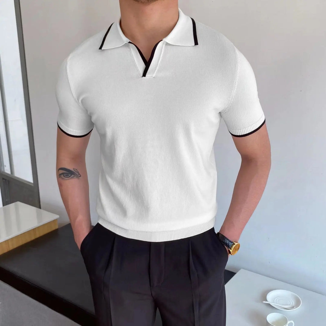 Men’s white short sleeve polo shirt with white contrast trim and collar – smart casual knit top