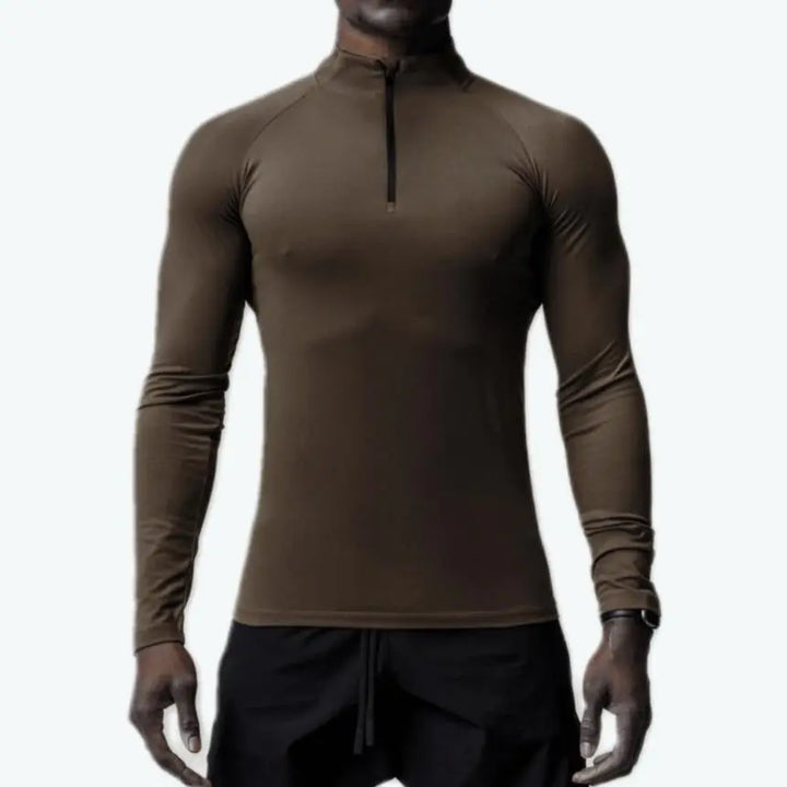 Men’s dark brown fitted quarter-zip long sleeve training shirt for gym, sports, and fitness routines