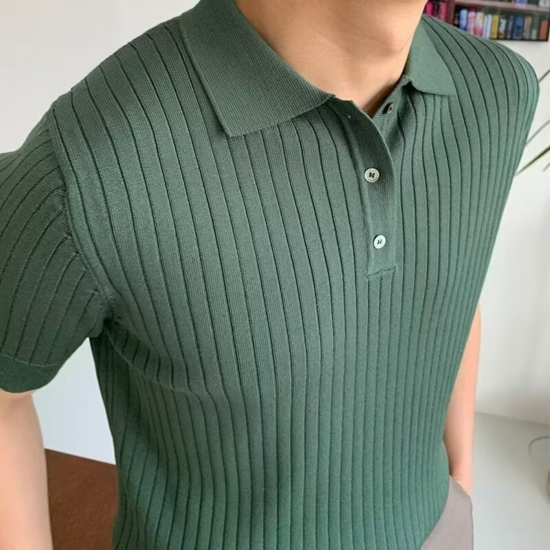 Men’s green short sleeve ribbed knit polo shirt with textured fabric and button collar