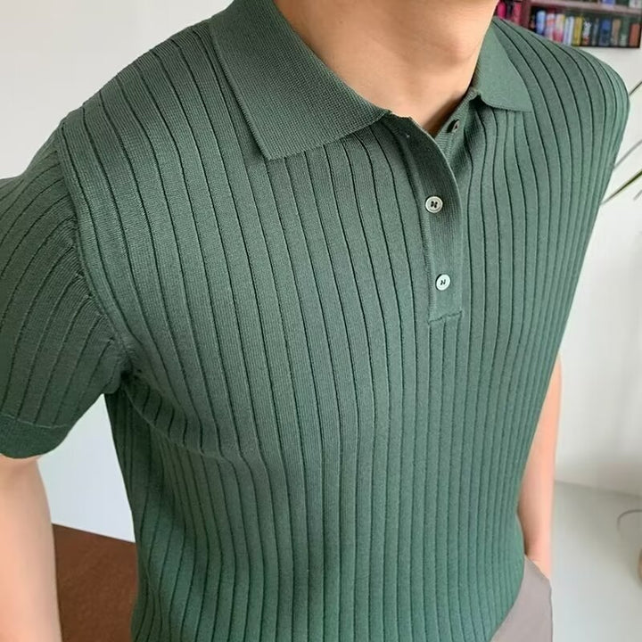 Men’s green short sleeve ribbed knit polo shirt with textured fabric and button collar